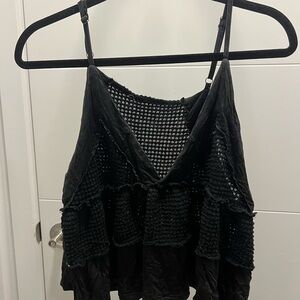 Boho Mesh Black V Neck Ruffle Tank